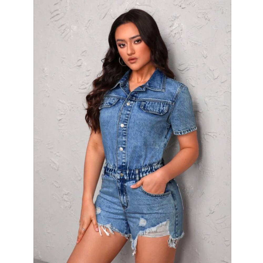 SHEIN Blue Short Sleeve Denim Jumpsuit